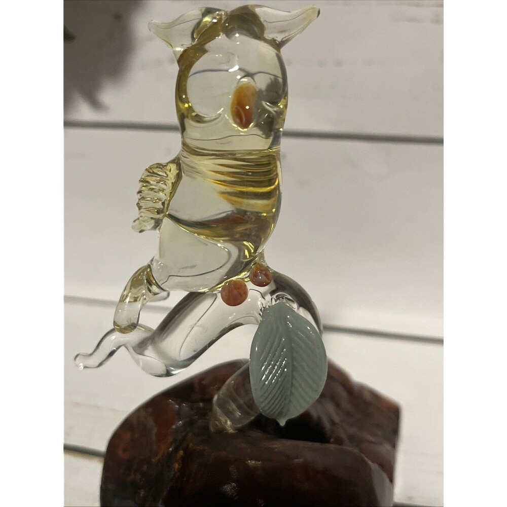 Vintage Hand blown Glass Owl On Wooden Base Clear & Amber 5” Tall X 4” Wide Base